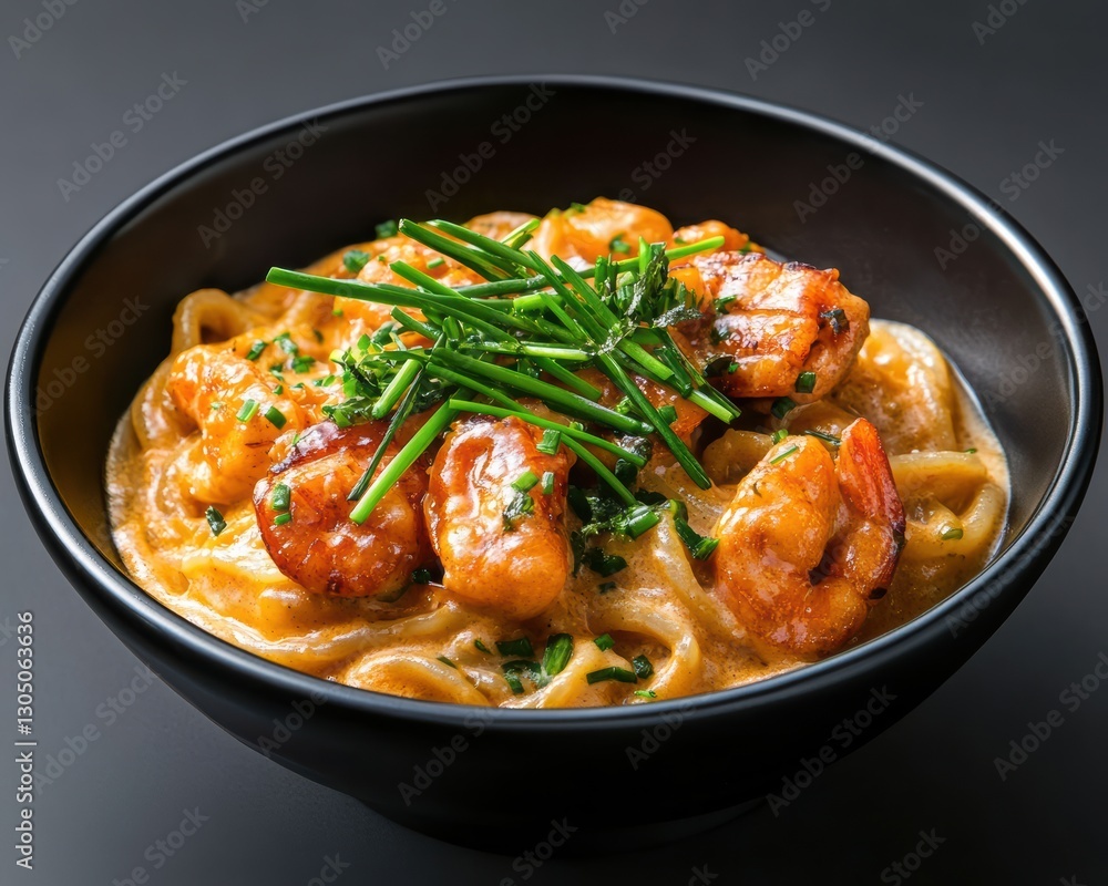 Creamy Uni Pasta with Shrimp and Fresh Chives in Black Bowl Creamy Uni Pasta with Shrimp and Fresh Chives in Black Bowl