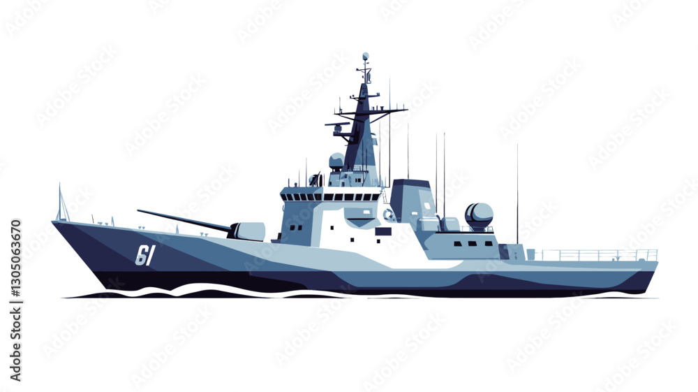 Fototapeta premium A digital illustration of a modern warship. The vessel is depicted in shades of blue and white, with details suggesting a frigate or corvette-type ship. It is shown in profile view against