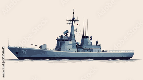 A digital illustration depicting a side profile view of a grey naval vessel.  The illustration shows detail including the ship's superstructure, weaponry, and antennas. The background is a