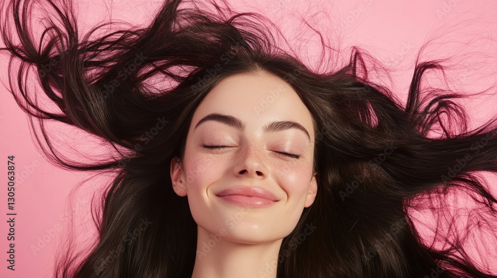 Woman's relaxed face, flowing hair on pink background Woman's relaxed face, flowing hair on pink background