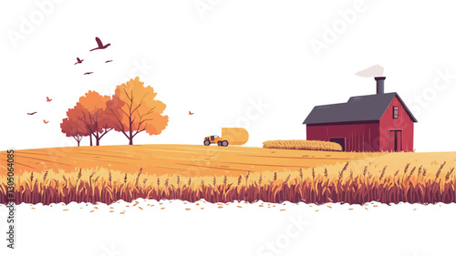 A vector illustration depicting a pastoral autumn scene.  The illustration features a red barn with a dark grey roof and a chimney emitting smoke, situated in a field of golden wheat.  Two