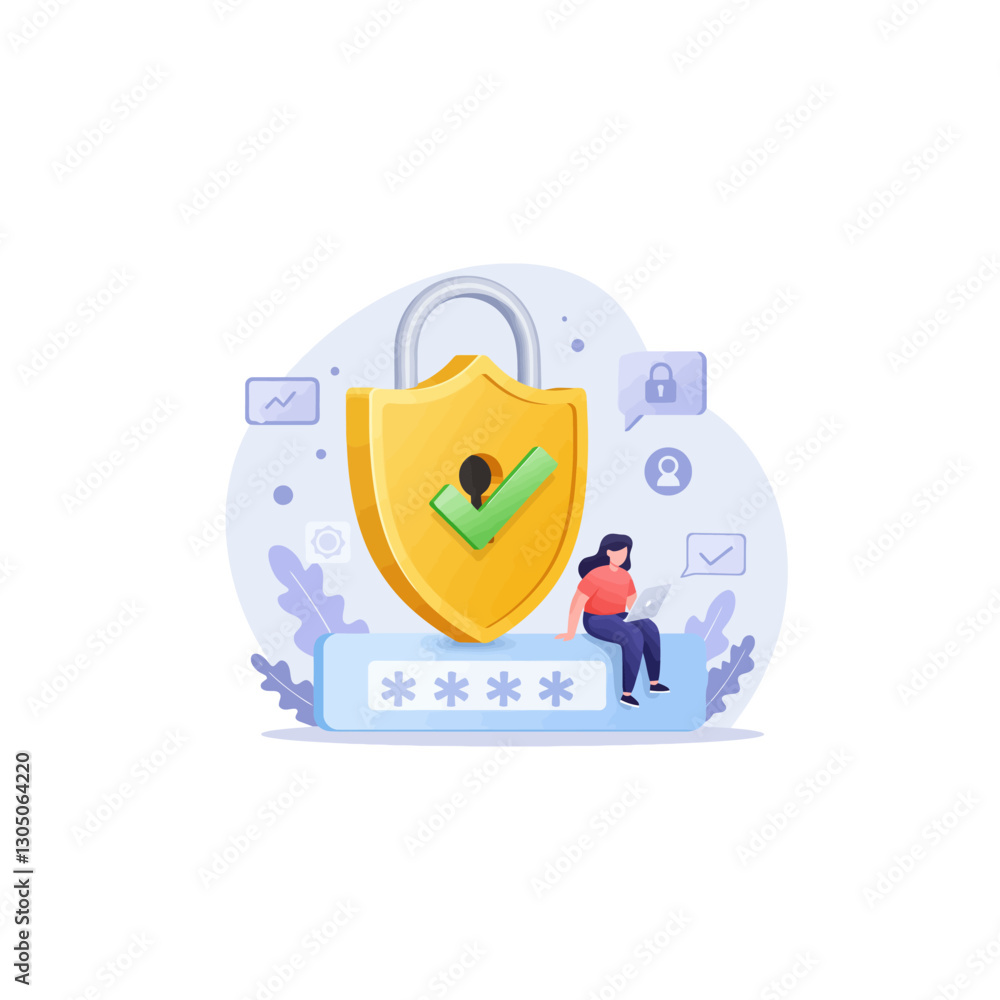 Fototapeta premium Woman Using Laptop with Secure Password and Digital Shield Concept