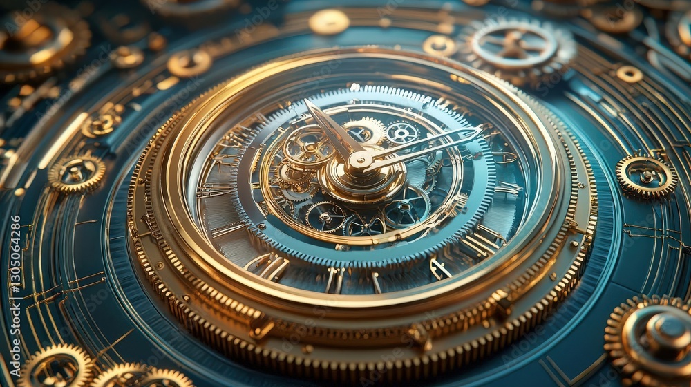 Fototapeta premium Intricate clockwork with golden gears and a luminous background.