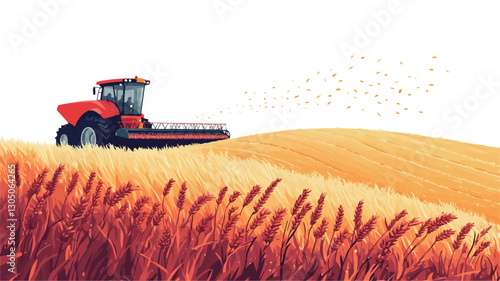 The image showcases a red combine harvester working in a field of ripe, golden wheat. The wheat is depicted in varying shades of orange and red, suggesting the late afternoon or early