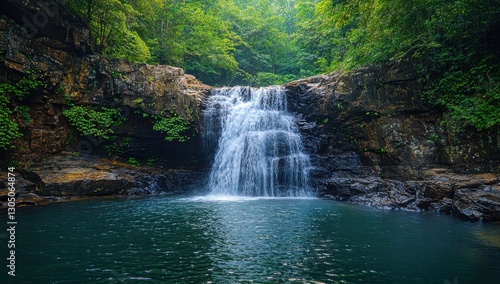 Serene Waterfall Cascading into Calm Pool Surrounded by Lush Greenery in Enchanting Forest Setting
