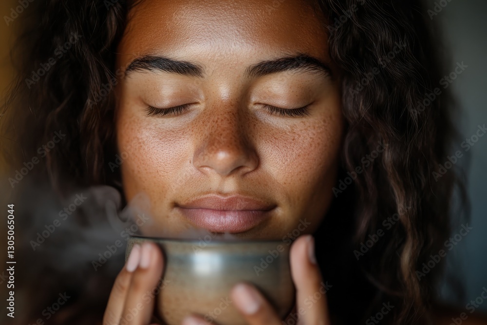 A joyful woman with a relaxed demeanor embraces the warmth of her steaming cup, radiating happiness and comfort in every moment, symbolizing self-care and tranquility. A joyful woman with a relaxed demeanor embraces the warmth of her steaming cup, radiating happiness and comfort in every moment, symbolizing self-care and tranquility.