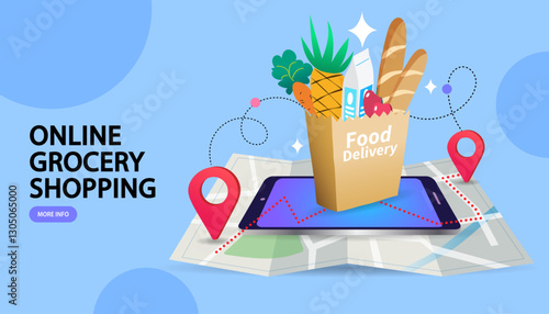 Fresh Groceries Food Delivery. Online shopping services. Smartphone marketing and e-commerce concept. shopping box with groceries. Shopping on social networks through phone flat design style. Vector