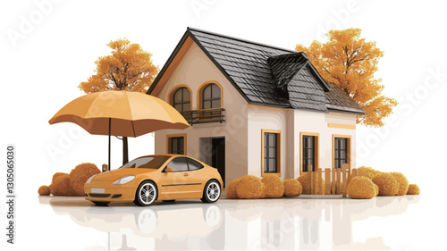 A 3D rendering of a small, two-story house with a pitched roof.  The house is light beige with dark gray roofing. A yellow car is parked in front of the house. A large yellow umbrella is