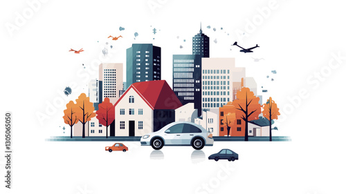 A stylized illustration depicting a cityscape with a blend of suburban houses and taller buildings. The illustration features autumnal colored trees flanking the scene. Cars are depicted on