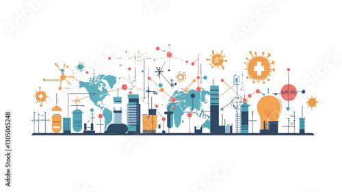 The image is a stylized illustration depicting a global network.  The illustration uses a flat design style with various icons representing technology, science, energy, and infrastructure