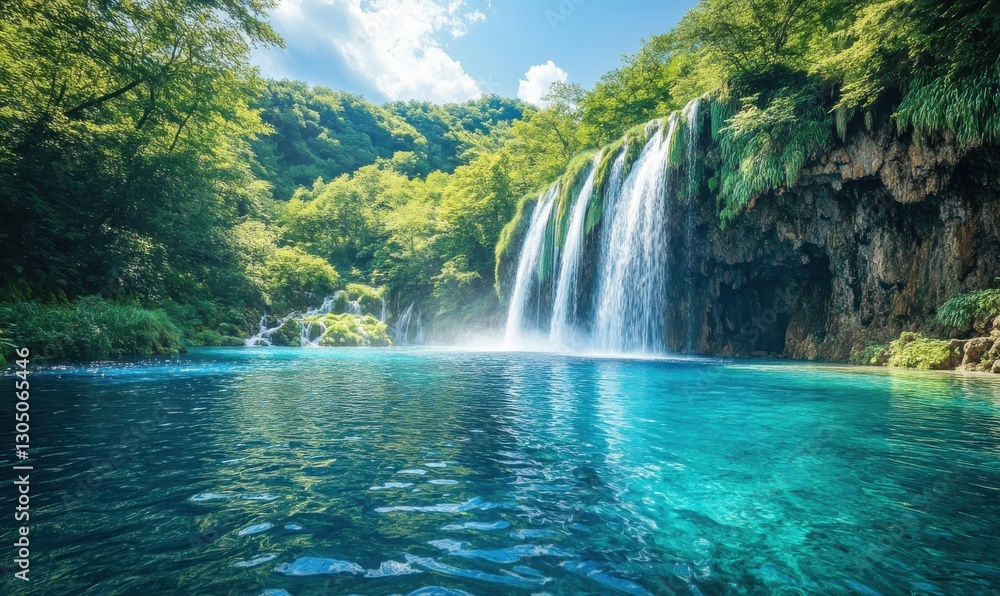 Fototapeta premium Serene Waterfall Cascading into Clear Blue Lake Surrounded by Lush Green Forest Under Bright Sky