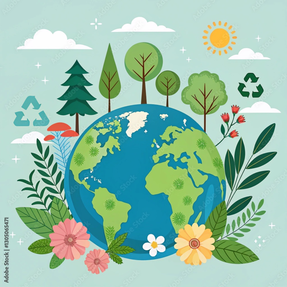 Naklejka premium Awareness Earth Day Background Vector Art & Graphics Happy Earth Day Background, Eco-Friendly Nature Illustration with Green Leaves and Planet Earth,