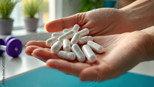 Pills in Hands: A close-up shot of hands gently cradling a collection of white pills, suggesting wellness, health and supplement. 