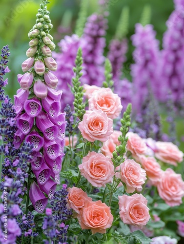 Serene Garden Scene with Vibrant Foxglove and Delicate Peach Roses in Soft Focus Summer Light