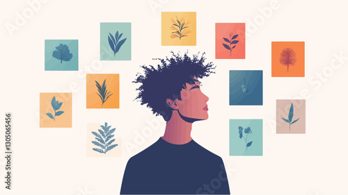 A stylized vector illustration depicting a young male figure in profile view, facing right. The person has dark, spiky hair and is wearing a dark-colored shirt.  Surrounding the figure are