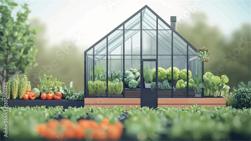 The image depicts a detailed rendering of a small, modern glass greenhouse situated in a garden. The greenhouse is a gable-roofed structure with black metal framing and clear glass panels,