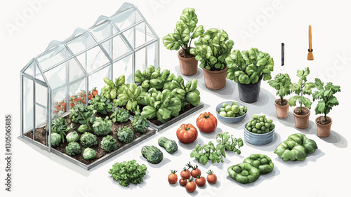 Isometric illustration depicting a glass greenhouse containing various leafy green plants.  Surrounding the greenhouse are several potted herbs and vegetables, including tomatoes, brussels