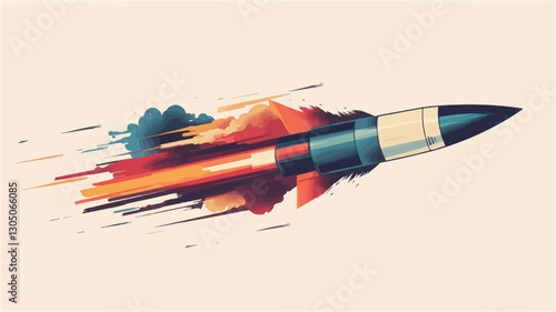 A stylized vector illustration of a missile in flight. The missile is depicted in a realistic manner with a dark gray body and a pointed nose cone.  It is surrounded by dynamic, abstract
