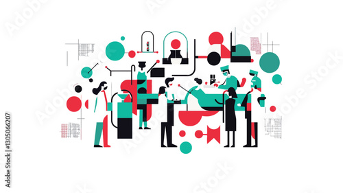 The image is a vector illustration depicting an abstract representation of a scientific research team or collaborative workflow.  It uses simplified, geometric figures representing people