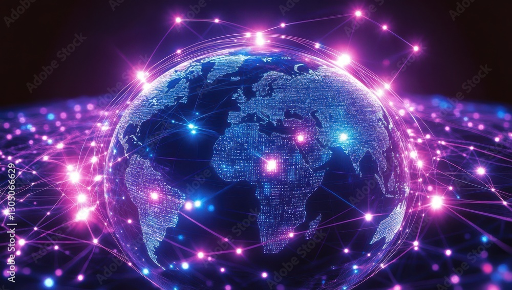 Vibrant Digital Network Connecting Continents and Cities on Earth with Colorful Lights Representing Global Connectivity and Information Exchange Vibrant Digital Network Connecting Continents and Cities on Earth with Colorful Lights Representing Global Connectivity and Information Exchange