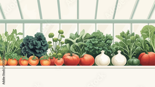 A horizontal close-up illustration depicts a variety of vegetables arranged neatly on a white shelf or ledge inside a greenhouse.  The greenhouse structure is visible at the top,
