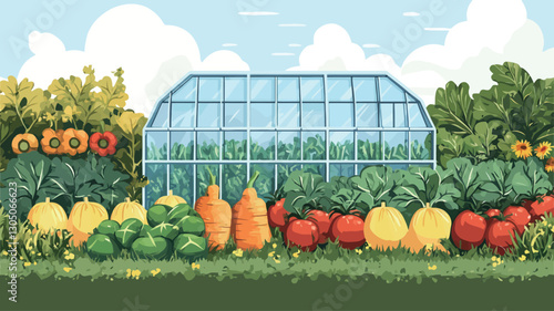 A digital illustration depicting a small greenhouse situated amidst a vibrant vegetable garden.  The greenhouse is a simple, clear structure with a peaked roof.  The garden features a
