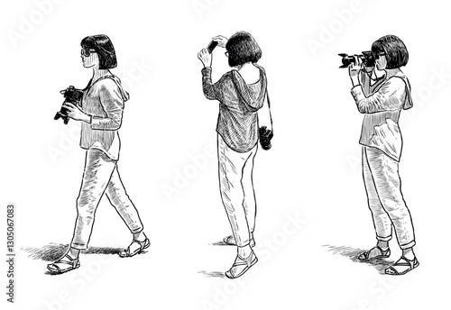 Girl tourist photographing on camera and smartphone, sketch, realistic hand drawn vector illustration