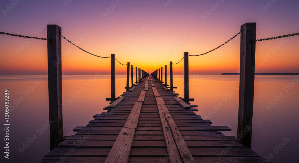 Naklejka premium Wooden pier at sunrise with misty horizon for travel blogs, meditation themes, and nature photography