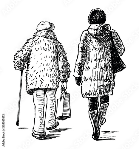 Sketches of two casual towns women walking outdoors, back view, senior, realistic hand drawn vector illustration