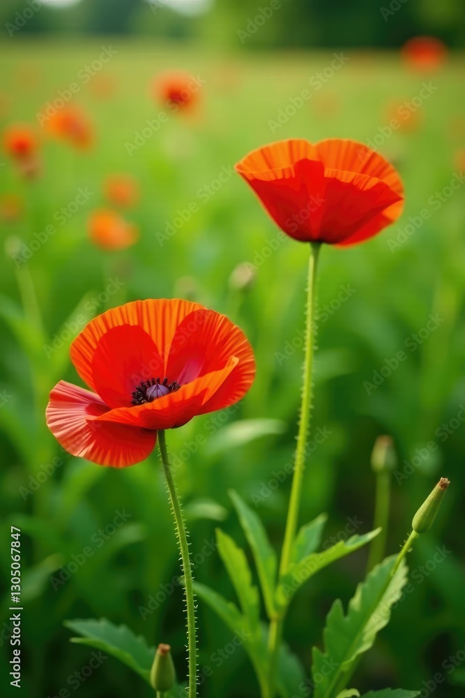Red poppy blooms in the midst of lush green meadow, field, floral, meadow Red poppy blooms in the midst of lush green meadow, field, floral, meadow