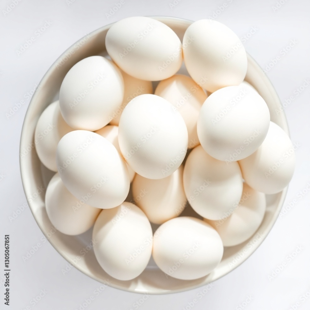 A high-resolution, professionally lit stock photo of a bowl filled with a dozen white eggs, isolated on a transparent background. The image should emphasize the eggs' smooth, matte finish and the sub A high-resolution, professionally lit stock photo of a bowl filled with a dozen white eggs, isolated on a transparent background. The image should emphasize the eggs' smooth, matte finish and the sub