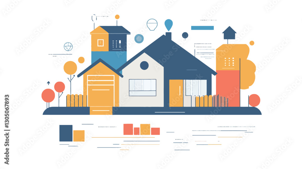 A vector illustration depicting a simplified, modern suburban neighborhood. The image features several stylized houses in varying colors (yellow, blue, and orange-red) rendered in a flat A vector illustration depicting a simplified, modern suburban neighborhood. The image features several stylized houses in varying colors (yellow, blue, and orange-red) rendered in a flat