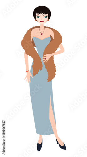 Slim young elegant lady in evening dress and fur cape, vector illustration isolated on white