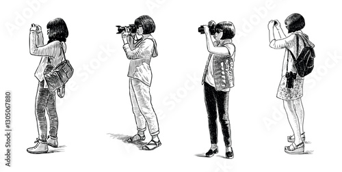  Young girls tourists photographing on smartphone and camera, slim brunettes, sketches, realistic hand drawn vector illustration