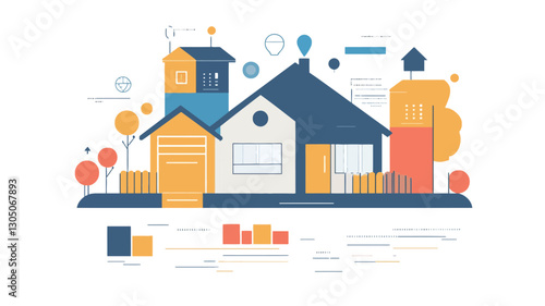 A vector illustration depicting a simplified, modern suburban neighborhood. The image features several stylized houses in varying colors (yellow, blue, and orange-red) rendered in a flat