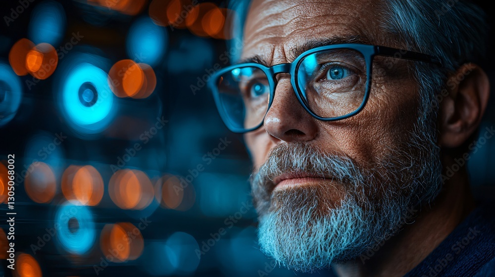 Thoughtful senior man with glasses contemplatively gazing at abstract colorful lights in the background Thoughtful senior man with glasses contemplatively gazing at abstract colorful lights in the background