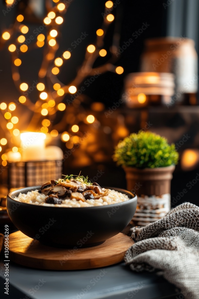 Naklejka premium Creamy Italian Risotto with Mushrooms and Decorative Ambiance