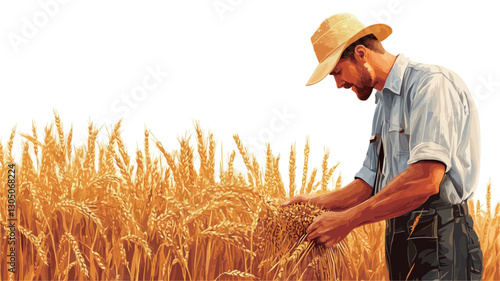 A painting depicting a man, appearing to be a farmer, standing in a field of golden wheat. He is wearing a light blue shirt and straw hat. His hands are gently examining the ripe wheat