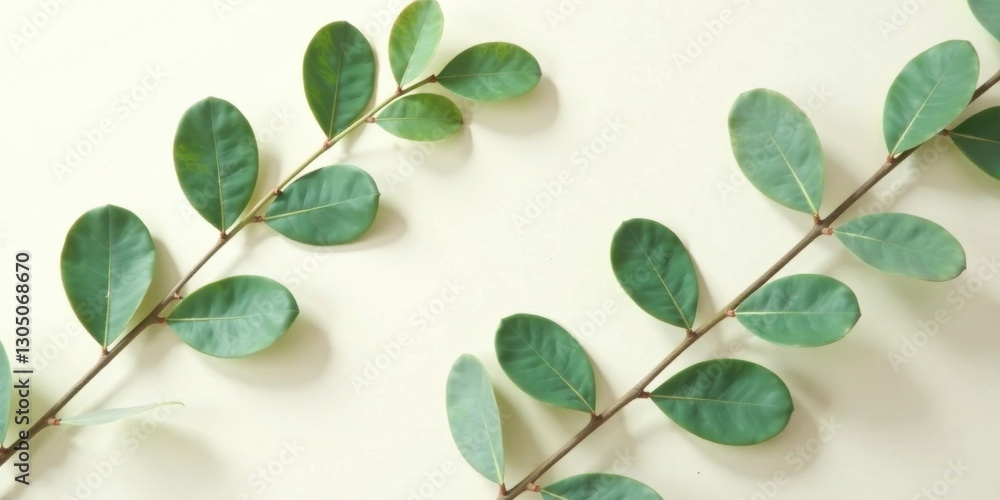 Obraz premium Serene arrangement of verdant leaves on a pale background, showcasing the delicate beauty of nature's simple elegance.