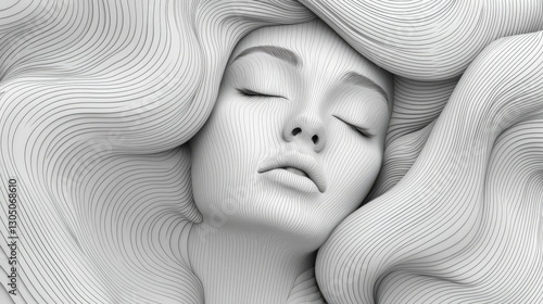 A serene abstract representation of a woman's face with flowing lines.