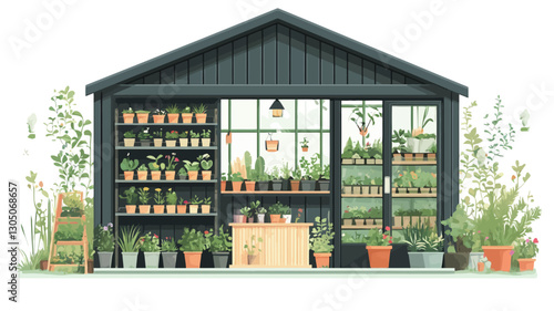Illustration of a dark-colored wooden greenhouse shop exterior. The shop features large glass windows showcasing various potted plants and shelves stocked with additional plants.  The style