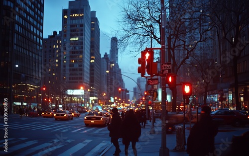 downtown street shot, natural lighting at twilight
