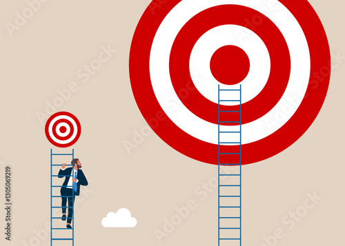 Businessman climbing the ladder to achieve short term goals. Flat vector illustration