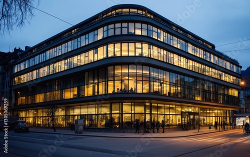 exterior shot of a office building at twilight