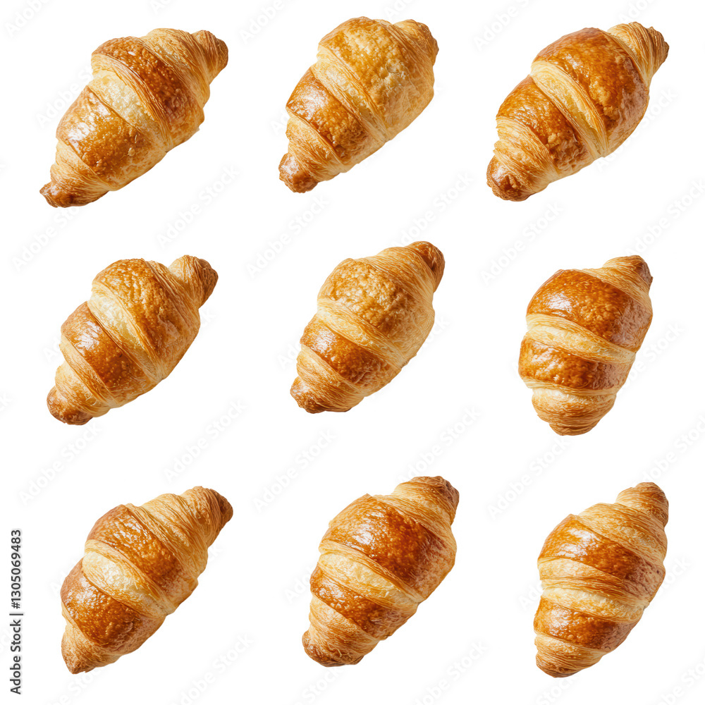 Golden Croissant Array: A delightful arrangement of freshly baked, golden-brown croissants, each perfectly formed and inviting, ready to savor.