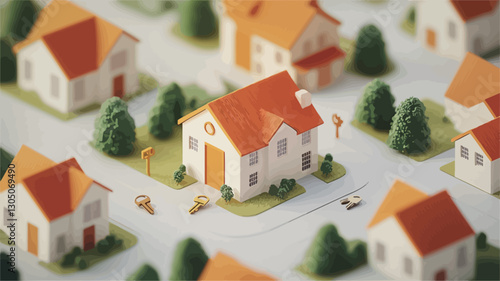 High-angle, close-up shot of a miniature model depicting a suburban neighborhood. The scene features numerous small houses with orange roofs and white walls, arranged in a grid-like