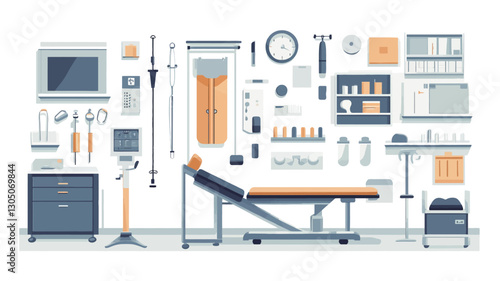 A digitally created flat-style illustration showcasing a collection of medical equipment and elements commonly found in an examination room.  The image features a variety of instruments,