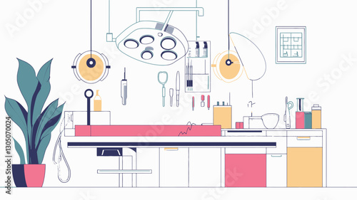 A stylized illustration depicting the interior of a veterinary clinic examination room. The image uses a minimalist, flat design style with muted colors. The room features a central