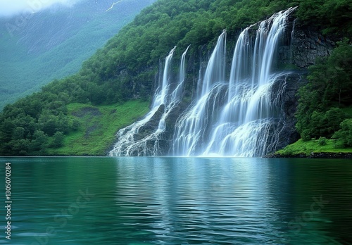 Serene Waterfall Cascading into Crystal Clear Lake Surrounded by Lush Greenery and Majestic Mountains Under a Tranquil Misty Atmosphere