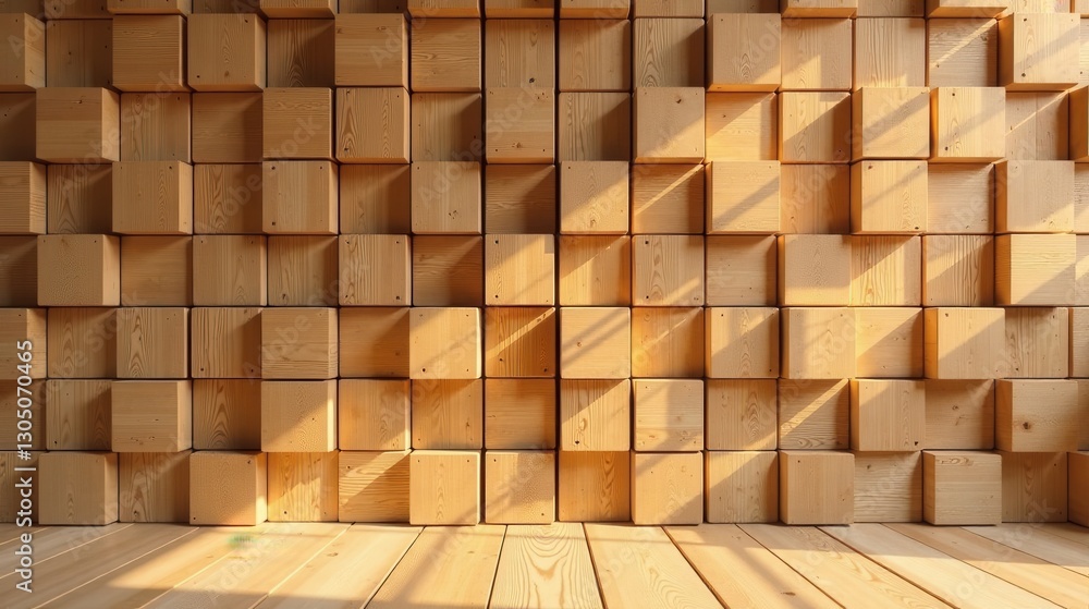 Warm Sunlight Illuminating a Textured Wooden Cube Wall Arrangement in an Interior Space Warm Sunlight Illuminating a Textured Wooden Cube Wall Arrangement in an Interior Space